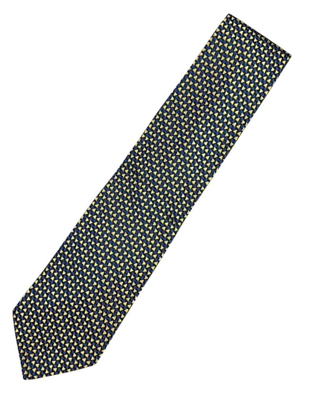 Charvet Men's 100% Silk Neck Tie Blue Background w/ Yellow Triangles • France